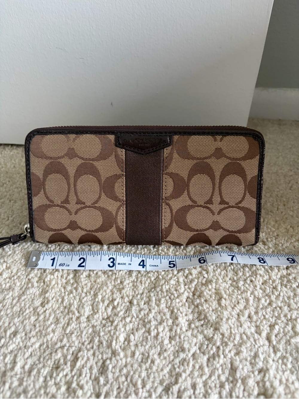 Coach Tan and Brown Signature Zip Wallet